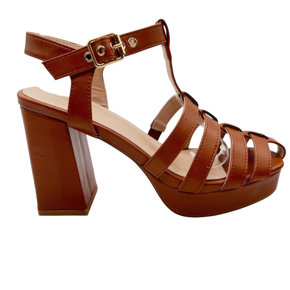 Allegra K Platform Heel Sandals Womens 7 Brown Strappy‎ Cage T Strap Block Heel